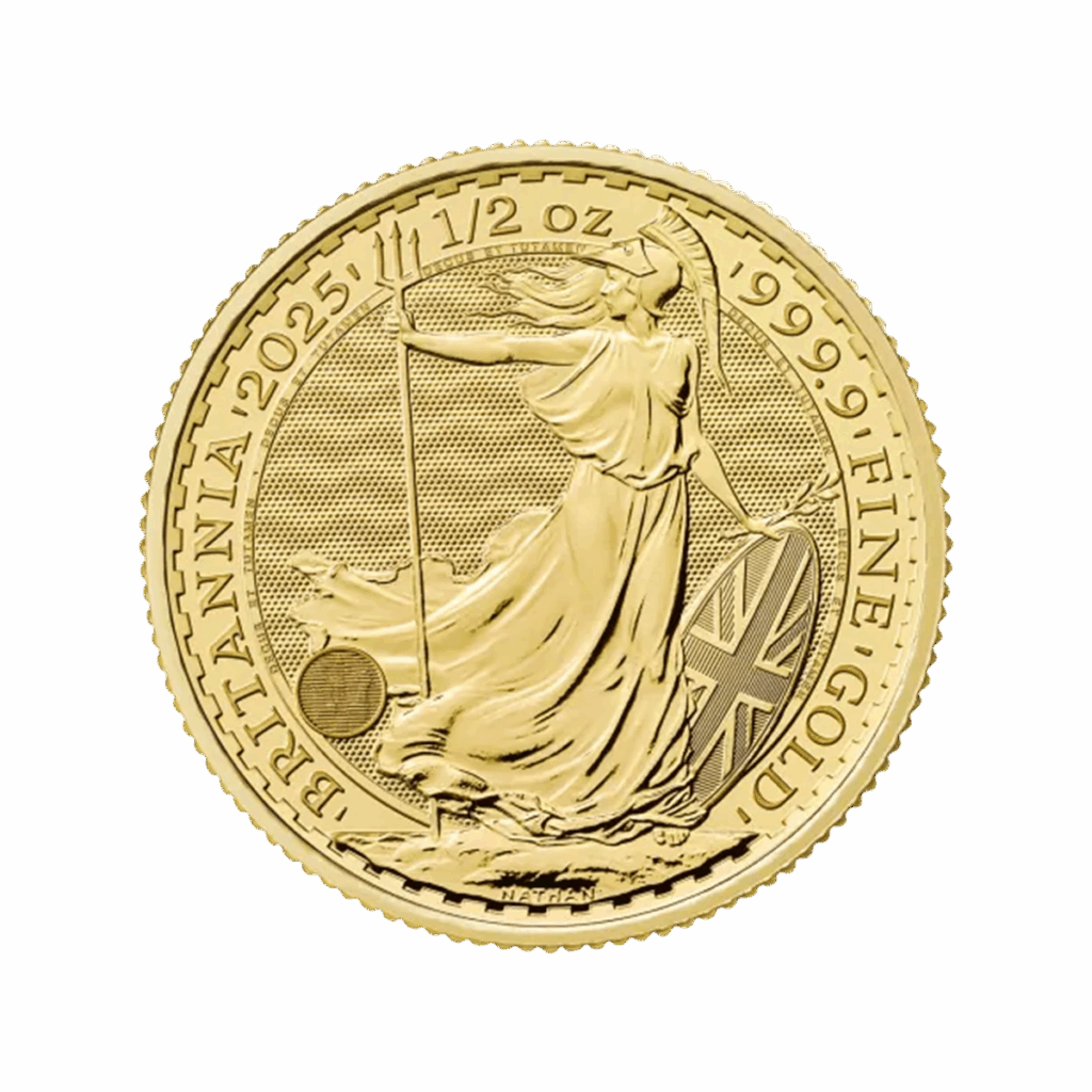 La moneta da 1/2 oz Britannia Oro 2025 - Re Carlo III presenta una donna in piedi con tridente e scudo, con l'iscrizione "BRITANNIA 2025 1/2 OZ 999.9 FINE GOLD".
