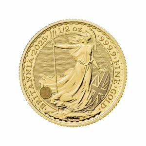 La moneta da 1/2 oz Britannia Oro 2025 - Re Carlo III presenta una donna in piedi con tridente e scudo, con l'iscrizione "BRITANNIA 2025 1/2 OZ 999.9 FINE GOLD".