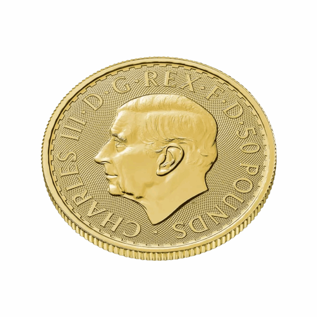 La moneta d'oro Britannia Oro 2025 - Re Carlo III da 1/2 oz presenta un profilo di Re Carlo III rivolto verso sinistra con l'iscrizione "CHARLES III D G REX F D 50 POUNDS" lungo il bordo.