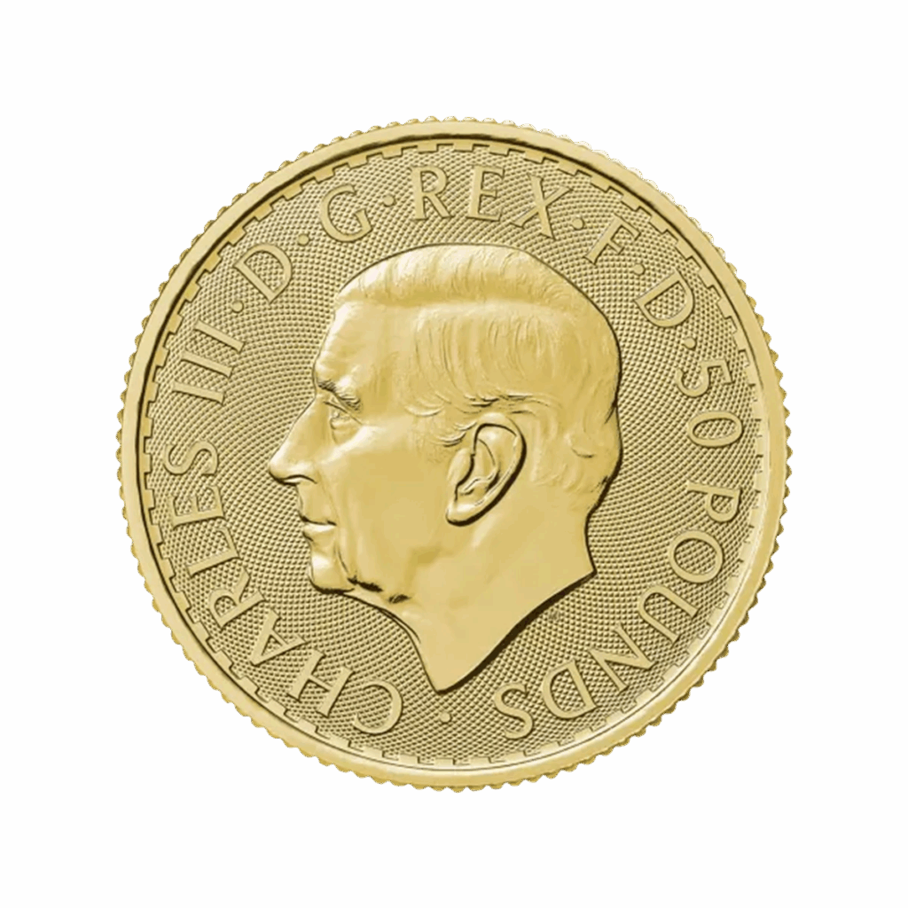 Moneta d'oro Britannia Oro 2025 da 1/2 oz con il volto di Re Carlo III.