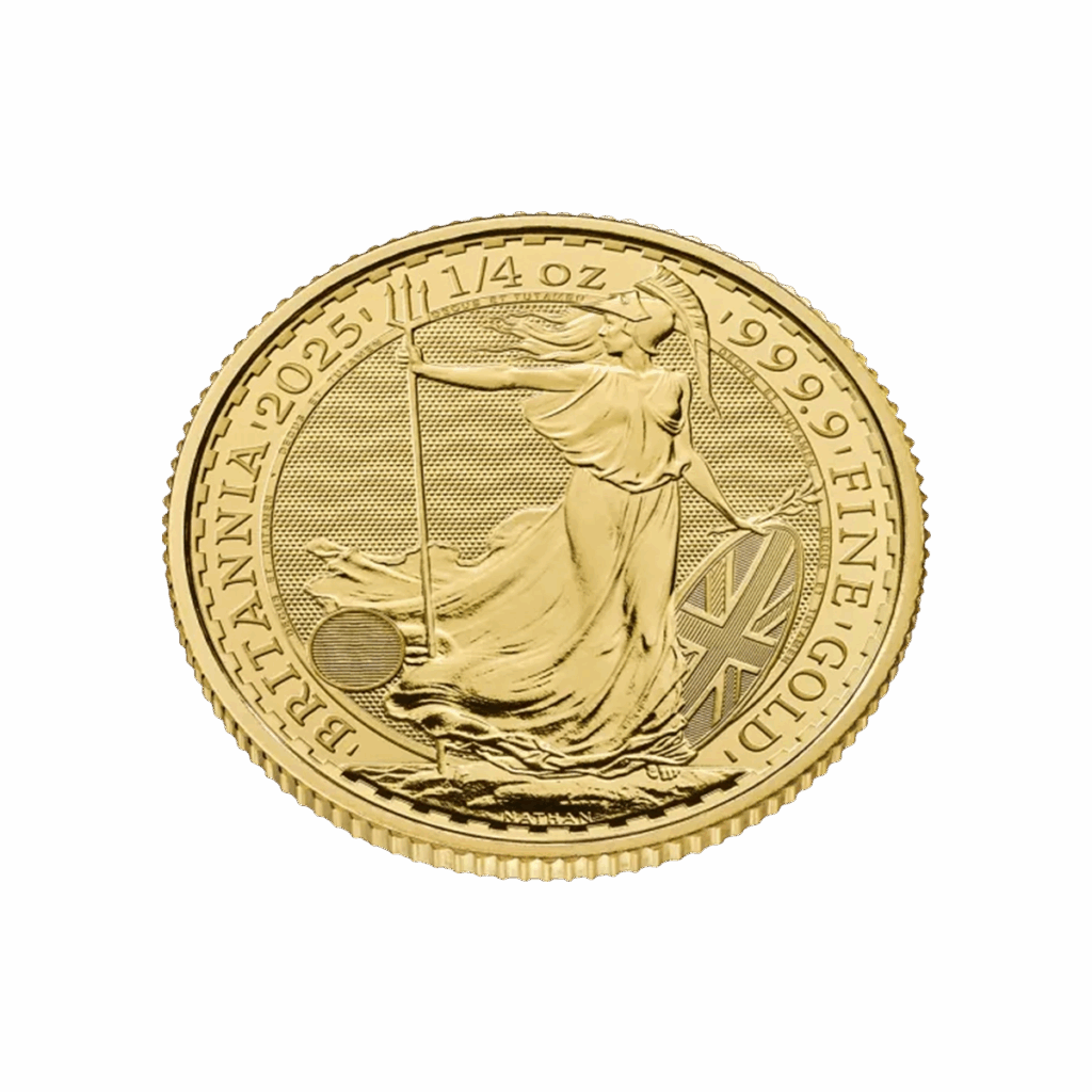 La moneta d'oro da 1/4 di oz Britannia Oro 2025 - Re Carlo III mostra la Britannia con il tridente e lo scudo dell'Union Jack, con la dicitura "1/4 oz", "999.9 FINE GOLD" e "BRITANNIA 2025". La moneta presenta dettagli intricati e riflettenti.