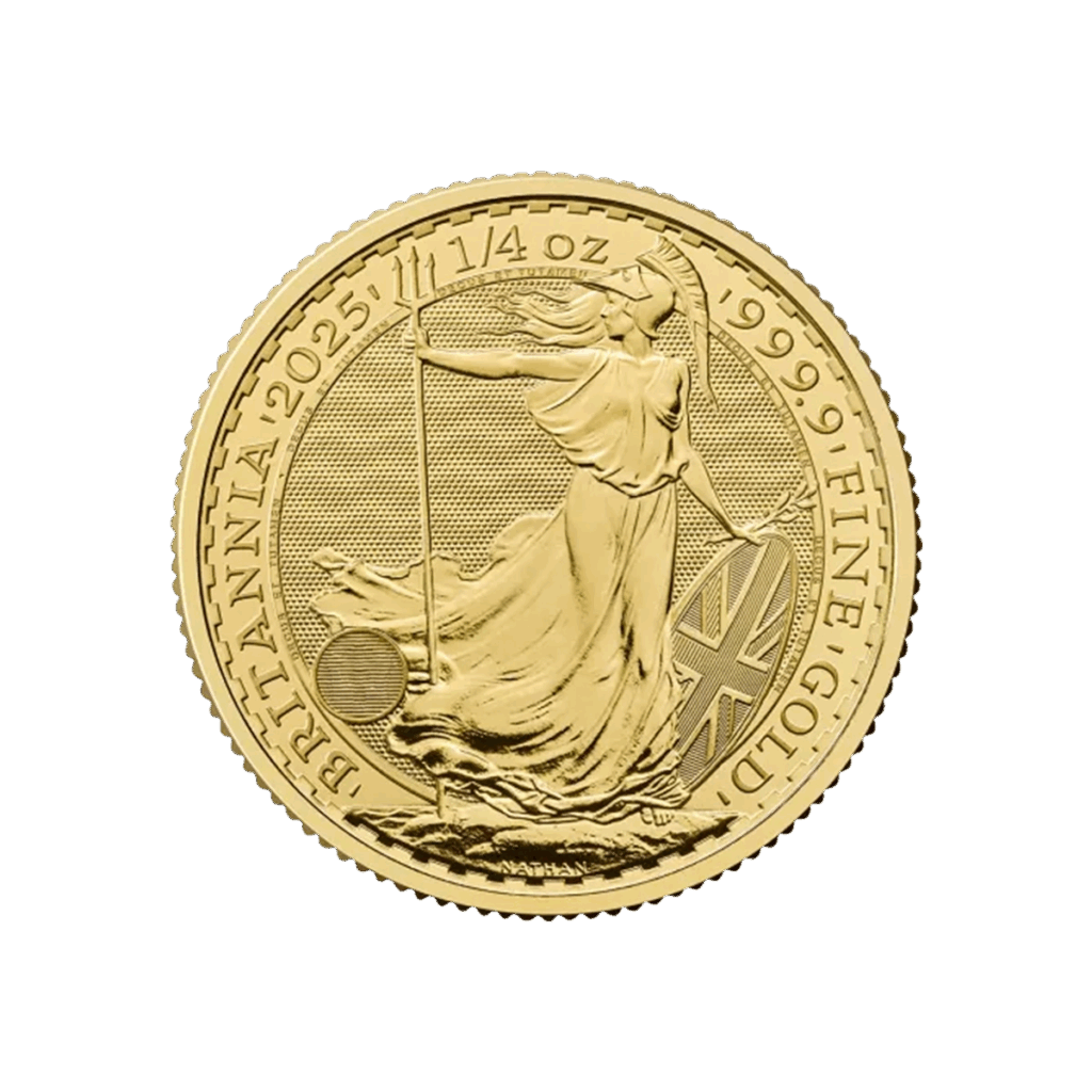 La moneta d'oro da 1/4 di oz Britannia Oro 2025 - Re Carlo III mostra la Britannia con un tridente e uno scudo, con l'iscrizione "BRITANNIA 2025 1/4 oz 999.9 FINE GOLD" lungo il bordo.