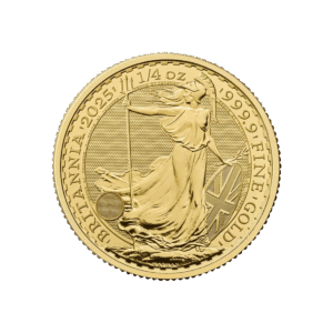 La moneta d'oro da 1/4 di oz Britannia Oro 2025 - Re Carlo III mostra la Britannia con un tridente e uno scudo, con l'iscrizione "BRITANNIA 2025 1/4 oz 999.9 FINE GOLD" lungo il bordo.