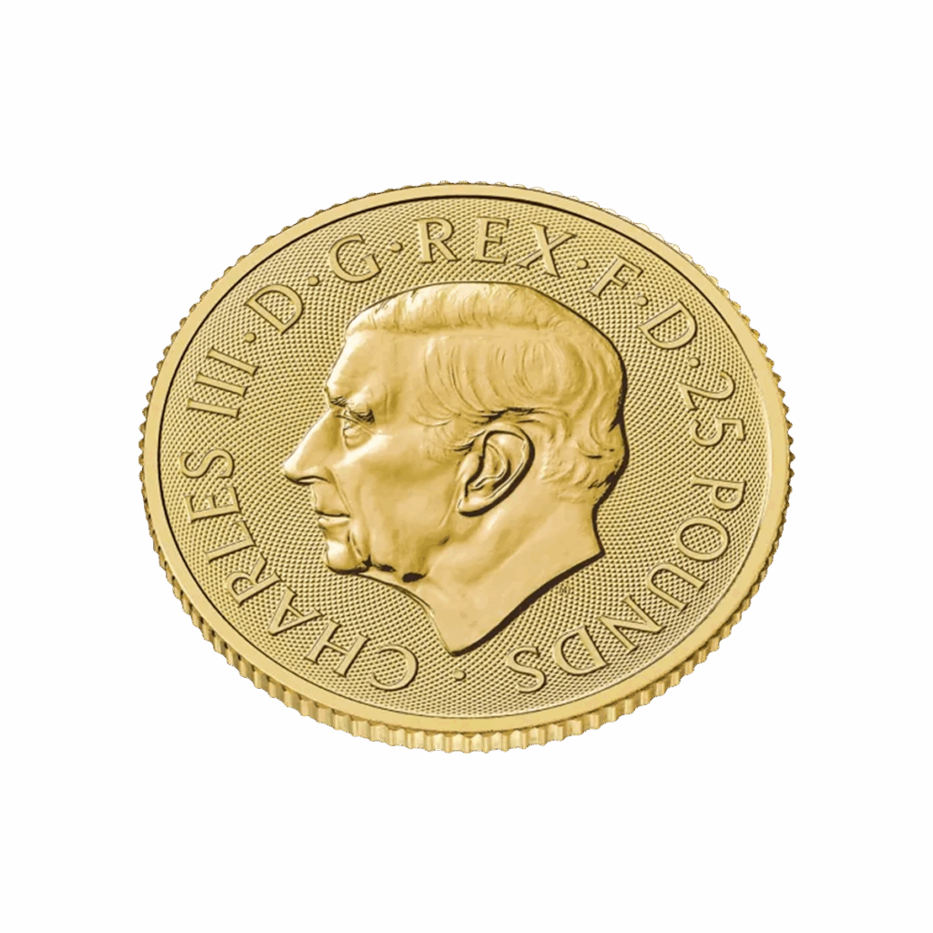 La moneta da 1/4 di oz Britannia Oro 2025 - Re Carlo III presenta un ritratto di Carlo III rivolto verso sinistra, un bordo rigato, una finitura lucida e l'iscrizione: CHARLES III D G REX F D 25 POUNDS intorno al bordo.