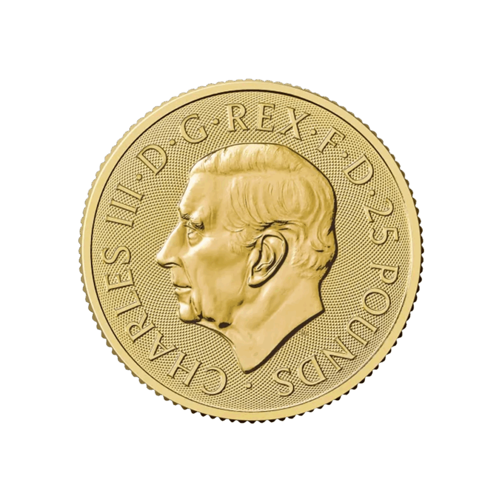 La moneta d'oro Britannia Oro 2025 - Re Carlo III da 1/4 di oz presenta un profilo di Re Carlo III rivolto verso sinistra con l'iscrizione CHARLES III D G REX F D 25 POUNDS lungo il bordo, su sfondo bianco.