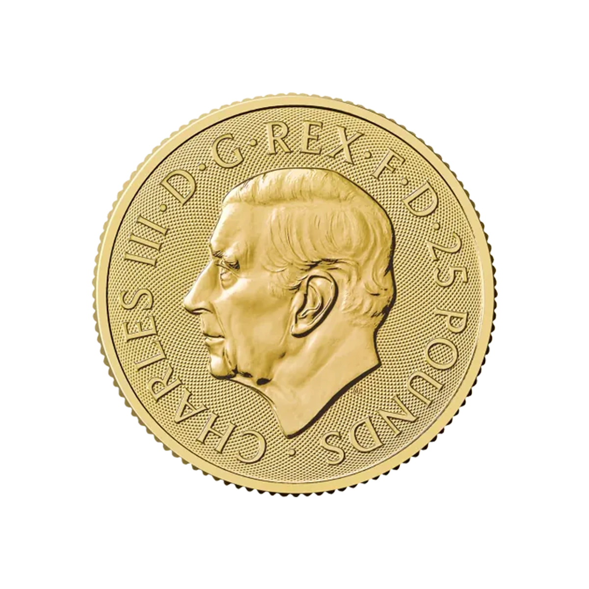 The 1/4 oz Britannia Gold 2025 – King Charles III coin features a left-facing profile of King Charles III with the inscription CHARLES III D G REX F D 25 POUNDS around the edge.