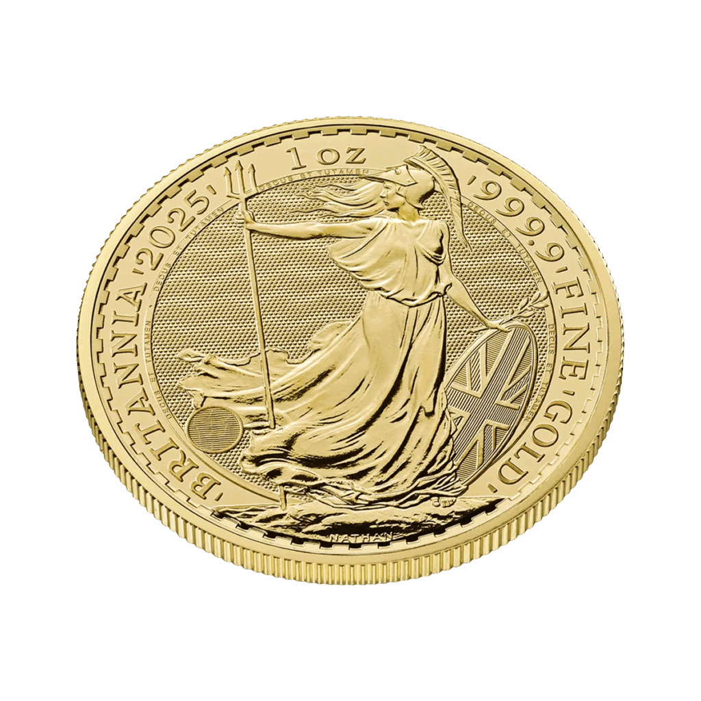 La moneta da 1 oz Britannia Oro 2025 - Re Carlo III presenta Britannia con tridente e scudo, con l'iscrizione BRITANNIA 2025, 1 oz e ORO 999,9 FINE.