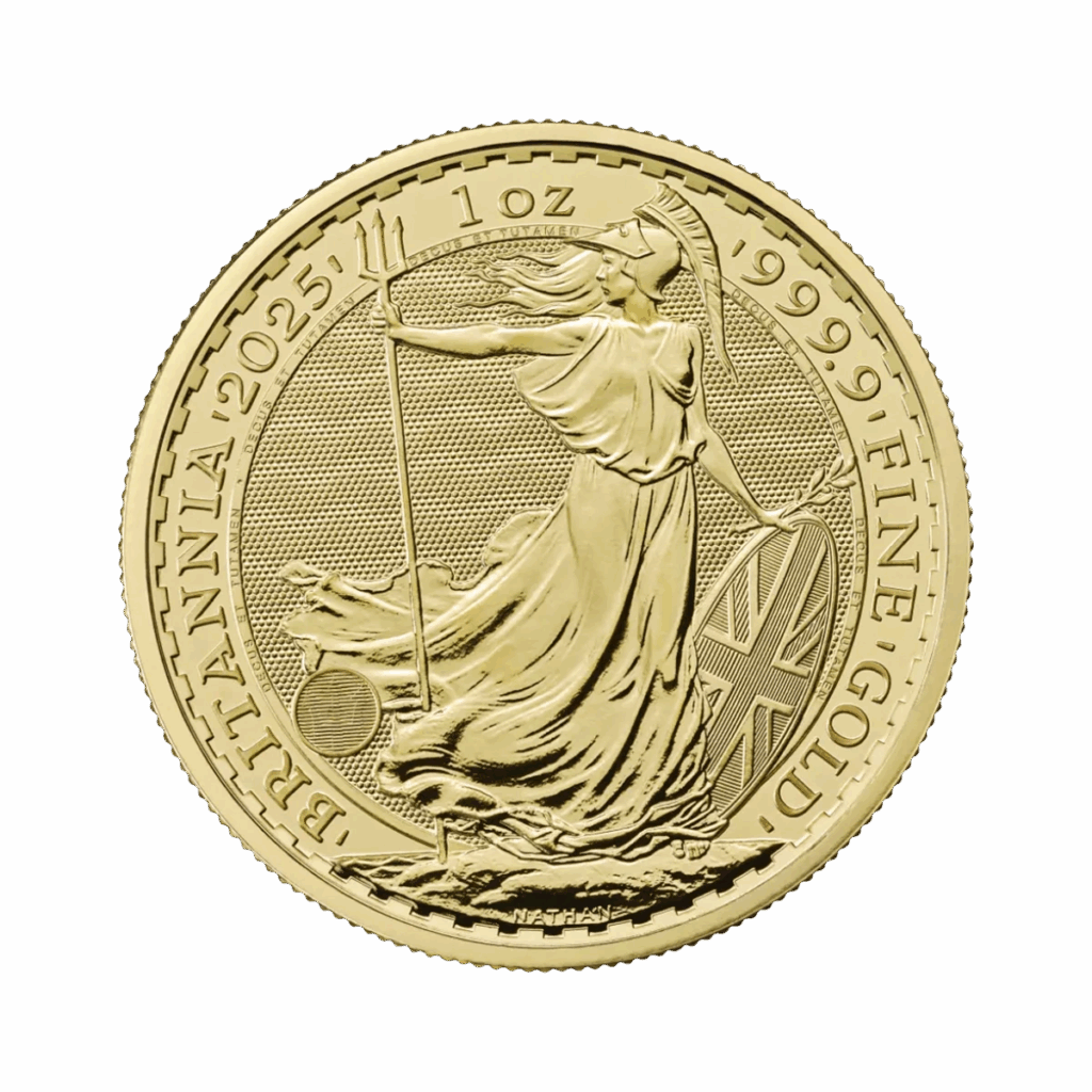 Moneta d'oro da 1 oz. intitolata "Britannia Oro 2025 - Re Carlo III", raffigurante Britannia con tridente e scudo, con l'iscrizione BRITANNIA 2025, 1 oz. e ORO 999,9 FINE.