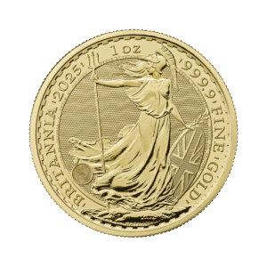 Moneta d'oro da 1 oz. intitolata "Britannia Oro 2025 - Re Carlo III", raffigurante Britannia con tridente e scudo, con l'iscrizione BRITANNIA 2025, 1 oz. e ORO 999,9 FINE.