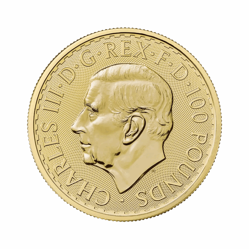 La moneta da 1 oz Britannia Oro 2025 - Re Carlo III presenta un ritratto di Re Carlo III rivolto verso sinistra e l'iscrizione "CHARLES III D G REX F D 100 POUNDS" intorno al bordo.