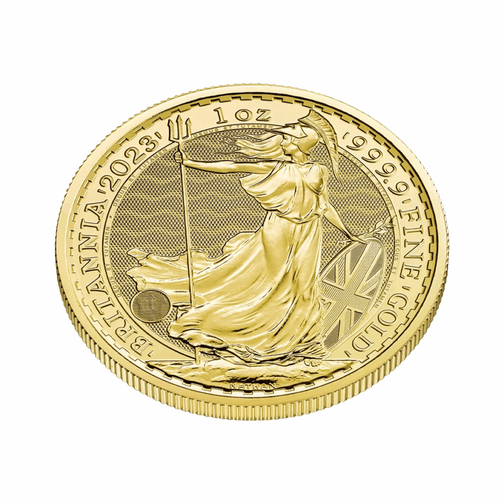 La moneta d'oro da 1 oz Britannia Oro 2023 - Regina Elisabetta II presenta Britannia con tridente e scudo, "1 oz 999.9 FINE GOLD" inciso sul bordo, dettagli intricati e una finitura riflettente.