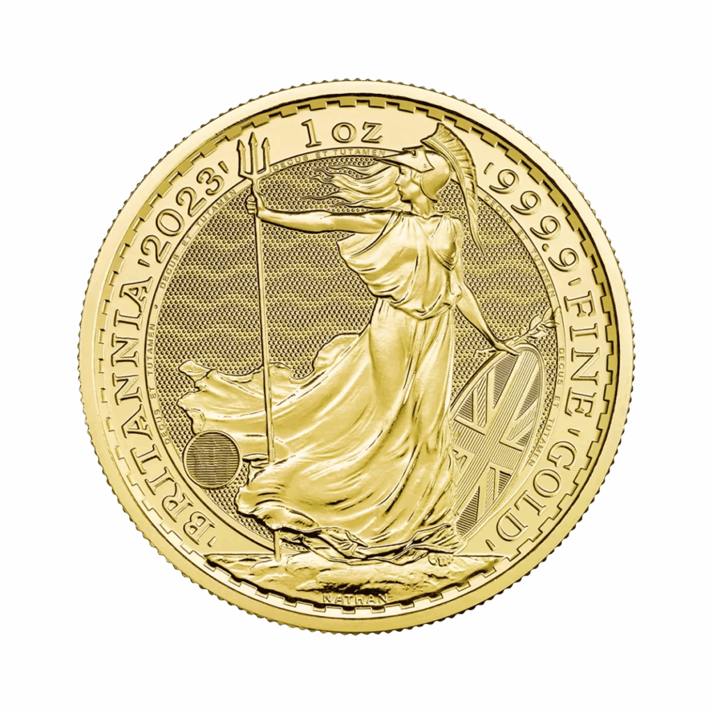 La Britannia Oro 2023 - Regina Elisabetta II da 1 oz è una moneta d'oro britannica del 2023 che raffigura Britannia in abiti fluenti con tridente e scudo sopra le onde, con l'iscrizione "BRITANNIA 2023 1oz 999.9 FINE GOLD".