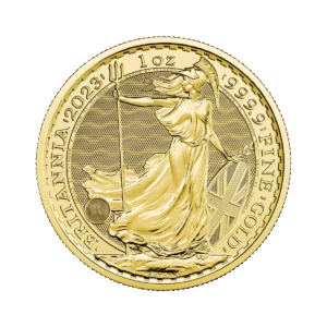 La Britannia Oro 2023 - Regina Elisabetta II da 1 oz è una moneta d'oro britannica del 2023 che raffigura Britannia in abiti fluenti con tridente e scudo sopra le onde, con l'iscrizione "BRITANNIA 2023 1oz 999.9 FINE GOLD".