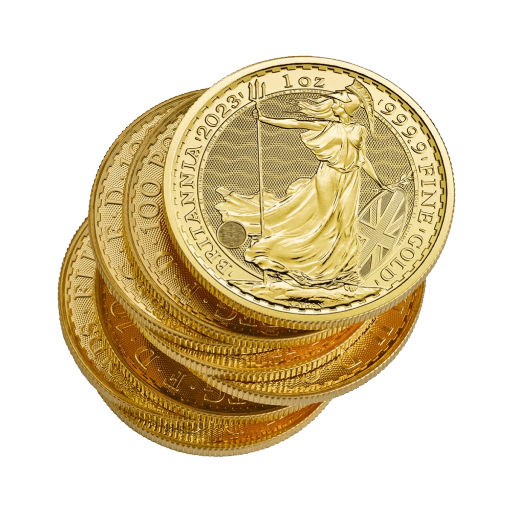 Pila di monete da 1 oz Britannia Oro 2023 - Regina Elisabetta II, con la moneta superiore che reca la scritta "BRITANNIA 2023 1 oz 999.9 FINE GOLD" e Britannia che regge un tridente e uno scudo, con dettagli intricati.