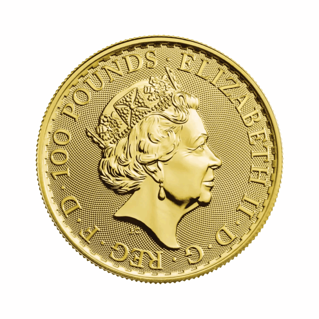 La moneta da 1 oz Britannia Oro 2023 - Regina Elisabetta II presenta un ritratto della Regina Elisabetta II rivolto verso destra, con corona, bordo rigato e l'iscrizione "ELIZABETH II D G REG F D 100 POUNDS".