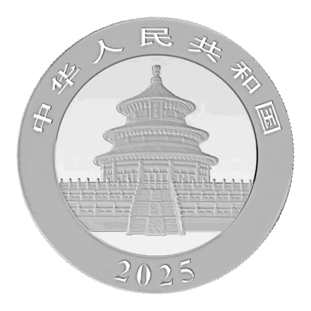 La moneta d'argento Panda Cinese Argento 30 g 2025 presenta al centro il Tempio del Cielo di Pechino, circondato da caratteri cinesi in alto e dall'anno 2025 in basso.
