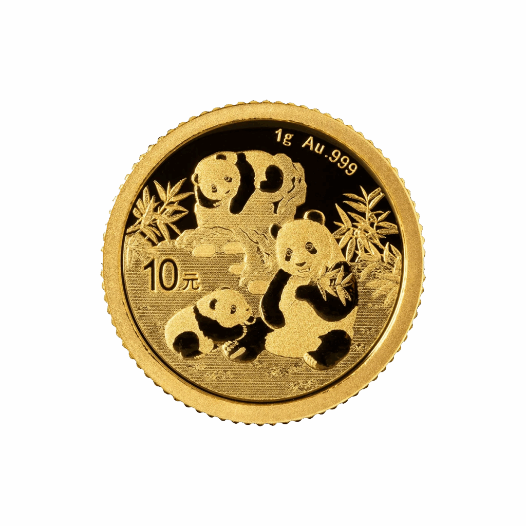 Il Panda Cinese Oro 2025 da 1 g presenta tre panda con bambù, caratteri cinesi e una denominazione da 10元; sulla parte superiore si legge "1g Au .999", che indica 1 grammo d'oro al 99,9 di purezza.