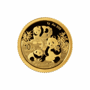 Il Panda Cinese Oro 2025 da 1 g presenta tre panda con bambù, caratteri cinesi e una denominazione da 10元; sulla parte superiore si legge "1g Au .999", che indica 1 grammo d'oro al 99,9 di purezza.