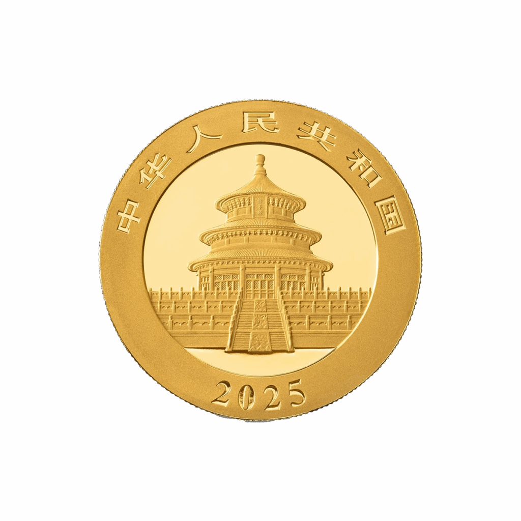 La moneta d'oro Panda Cinese Oro 2025 da 1 g presenta il Tempio del Cielo al centro, i caratteri cinesi sul bordo superiore e la scritta "2025" sul fondo.