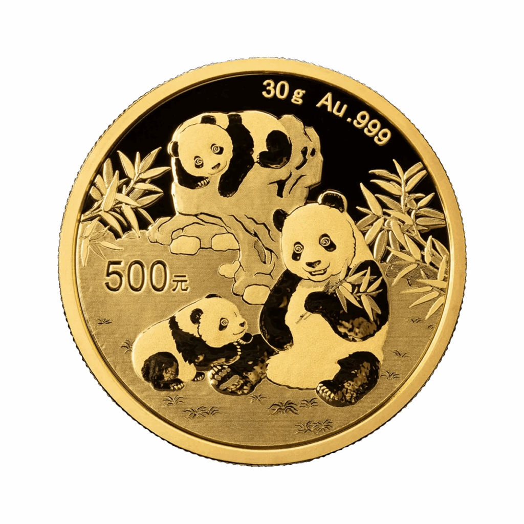 The 30g Chinese Panda Gold Coin 2025 features three pandas among bamboo and rocks, inscribed with 30g Au .999 and a face value of 500元.
