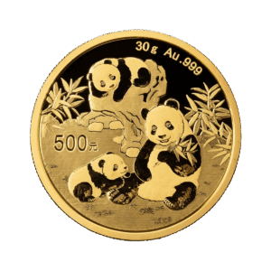 La moneta d'oro Panda Cinese Oro 2025 da 30 g raffigura tre panda, uno adulto e due cuccioli, in mezzo al bambù, con piante e rocce dai dettagli brillanti. È incisa con 30g Au .999 e 500元.