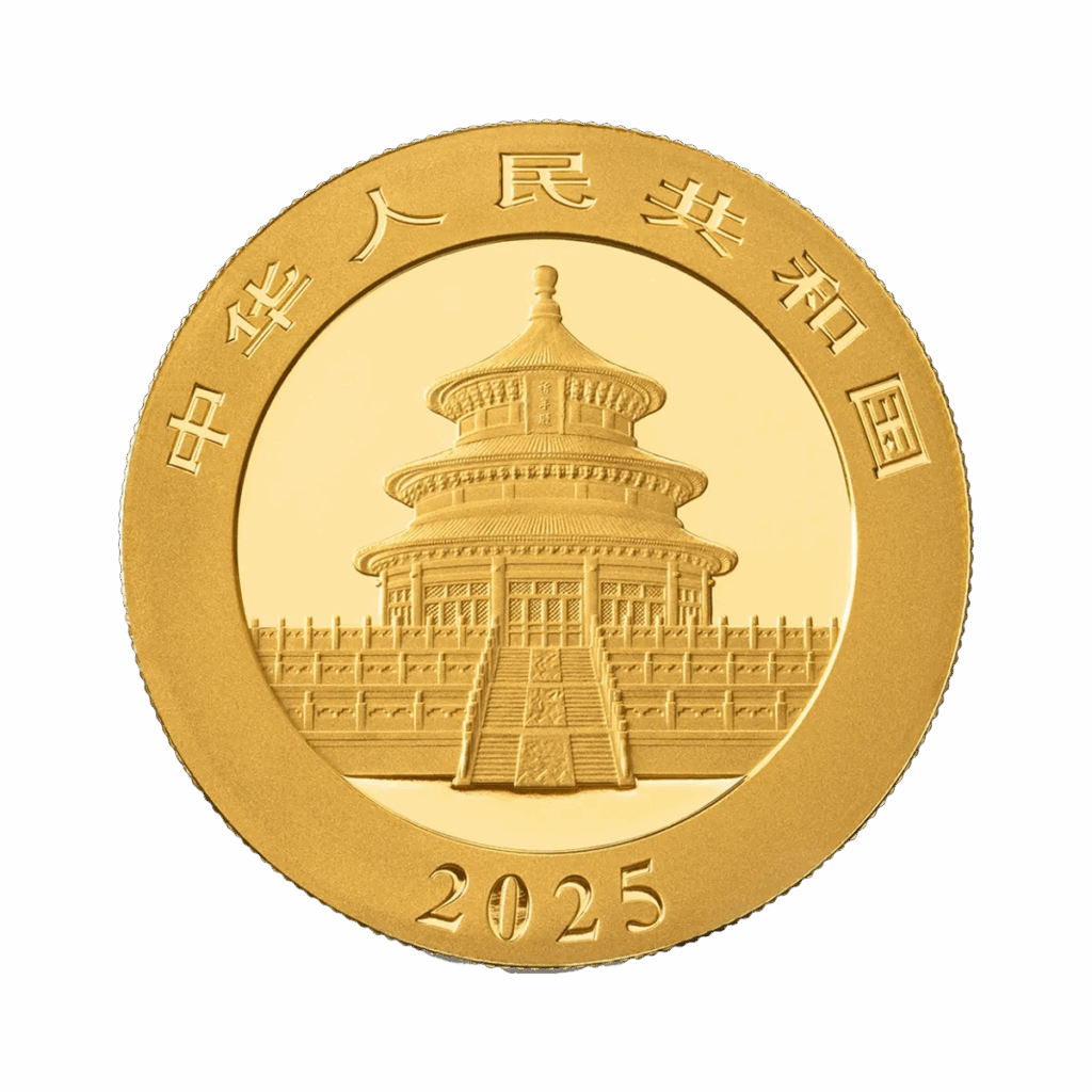 The 30g Chinese Panda Gold Coin 2025 displays the Temple of Heaven, encircled by Chinese characters along the top and the year 2025 at the bottom.