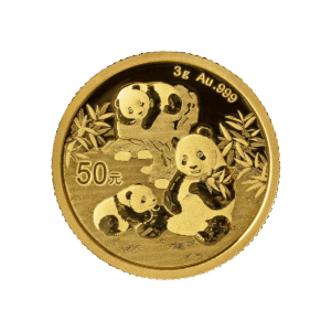 Il Panda Cinese Oro 2025 da 3g 癡 una moneta d'oro che raffigura tre panda tra i bamb羅, con un taglio di 50元 e la purezza Au .999 incisa su di essa.