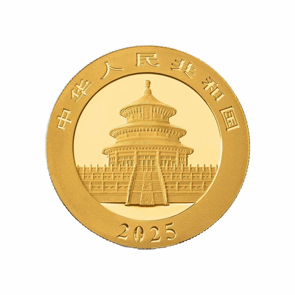 La moneta d'oro Panda Cinese Oro 2025 da 3 g presenta al centro il Tempio del Cielo di Pechino, con caratteri cinesi lungo il bordo superiore e l'anno 2025 inciso in basso.