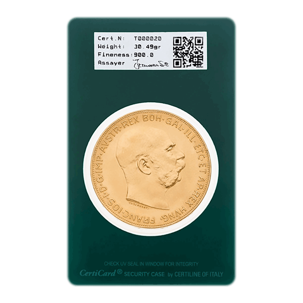 La moneta d'oro da 100 Corona Austria raffigura un uomo barbuto di profilo ed è sigillata in una CertiCard verde con un'etichetta che riporta i dettagli della certificazione, il peso, la finezza e un codice QR.