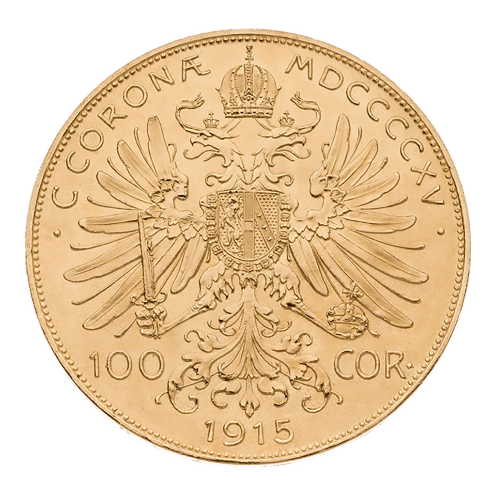 La moneta d'oro da 100 Corone Austria presenta un'aquila bicipite con corona, scettro, globo e scudo centrale, oltre alle iscrizioni "C. CORONA MDCCCCXV", "100 COR" e l'anno 1915.