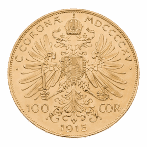 La moneta d'oro da 100 Corone Austria presenta un'aquila bicipite con corona, scettro, globo e scudo centrale, oltre alle iscrizioni "C. CORONA MDCCCCXV", "100 COR" e l'anno 1915.