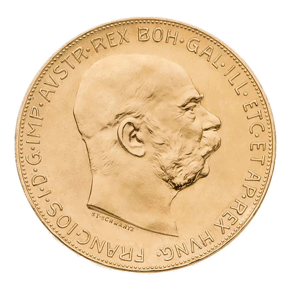 La moneta d'oro da 100 corone dell'Austria presenta un uomo barbuto rivolto verso destra con l'iscrizione "FRANC IOS I D G IMP AVSTR REX BOH GAL ILL ETC ET AP REX HVNG" lungo il bordo.
