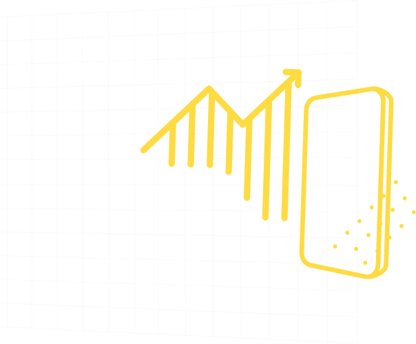 Un semplice disegno a linee gialle mostra un grafico a barre crescente con una freccia rivolta verso l'alto accanto a una forma di smartphone su un semplice sfondo bianco.