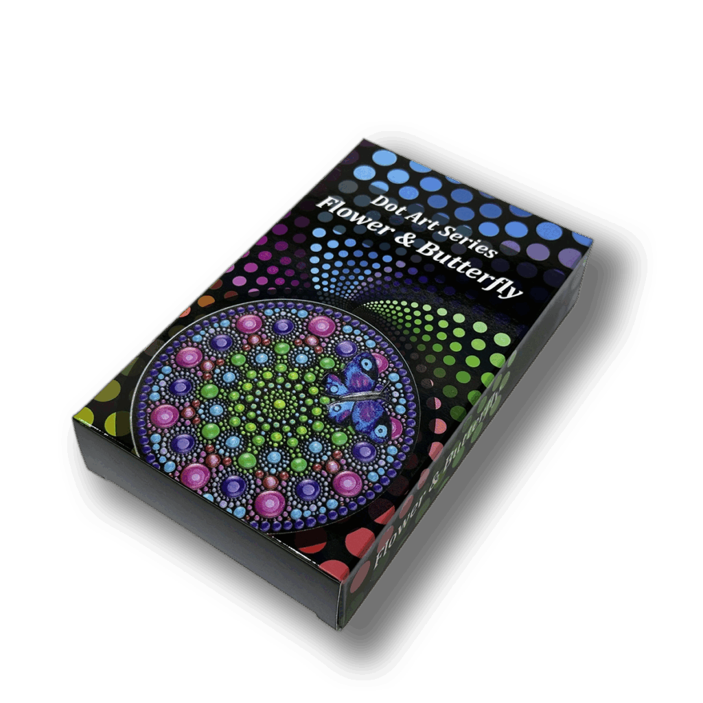 A rectangular box labeled Palau 2023 Dot Art: Flower with Butterfly 3 oz Silver, featuring colorful dotted patterns and a mandala design with flowers and a butterfly on the lid.