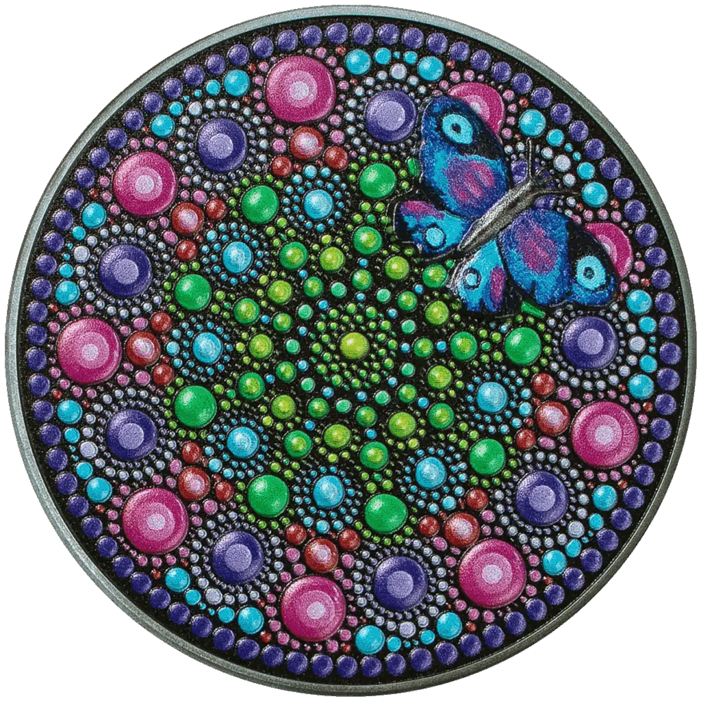 A vibrant mandala of green, blue, purple, and pink dots features a detailed blue and purple butterfly on the right, as seen on the Palau 2023 Dot Art: Flower with Butterfly 3 oz Silver coin.