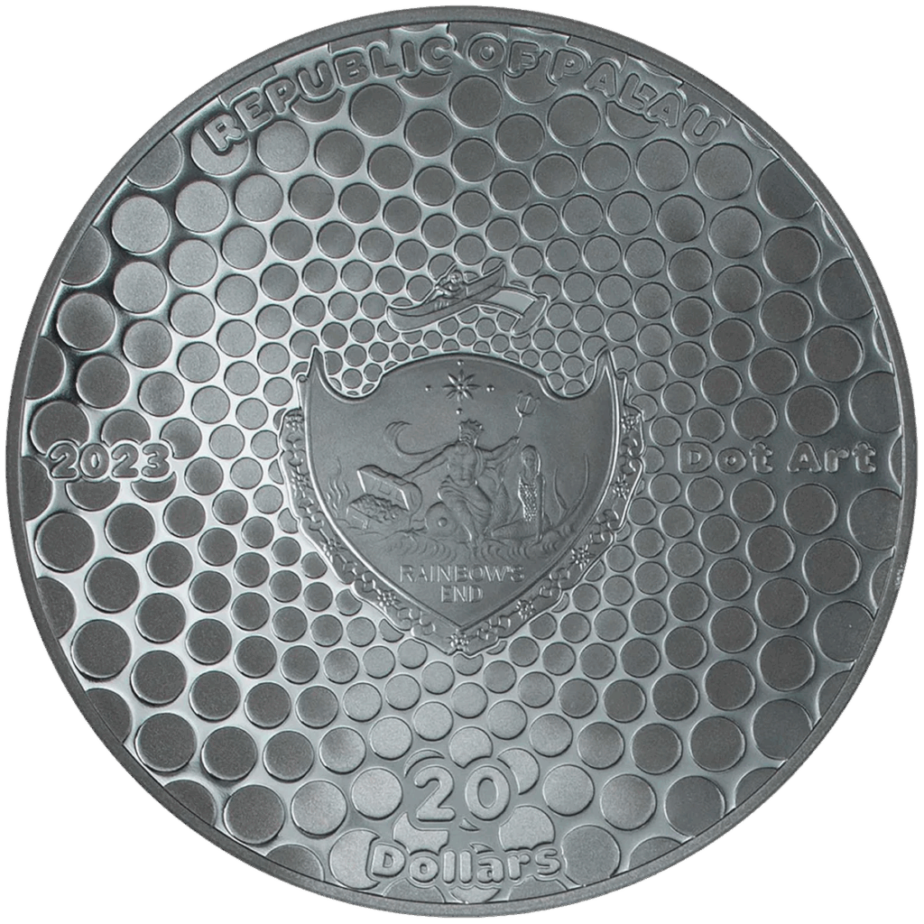 The Palau 2023 Dot Art: Flower with Butterfly 3 oz Silver coin displays REPUBLIC OF PALAU, 2023, Dot Art, RAINBOWS END, and 20 Dollars; it features raised dots around a central emblem with floral and butterfly motifs.