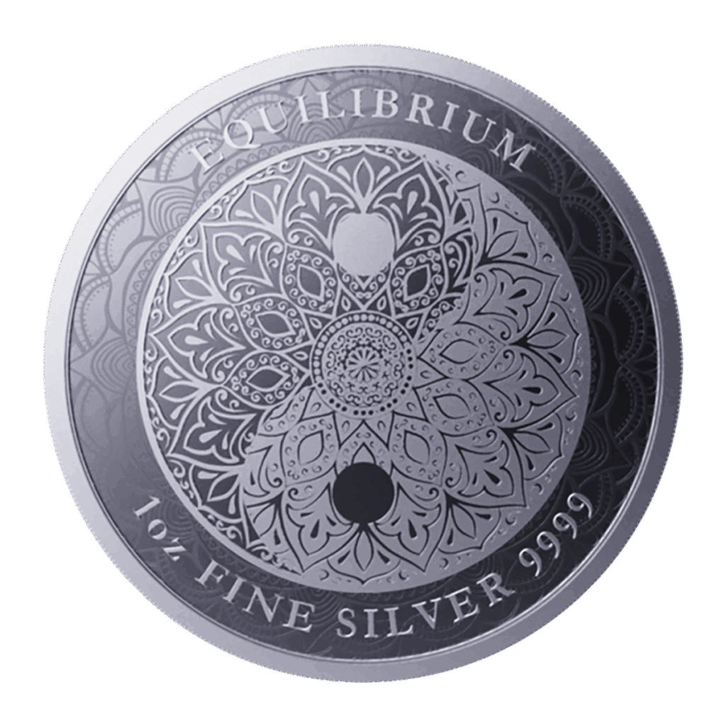 Il Niue 2023 Equilibrium 1 oz Argento BU presenta intricati motivi mandala, EQUILIBRIUM nella parte superiore, un simbolo yin-yang centrale e "1 oz FINE SILVER 9999" inciso nella parte inferiore.