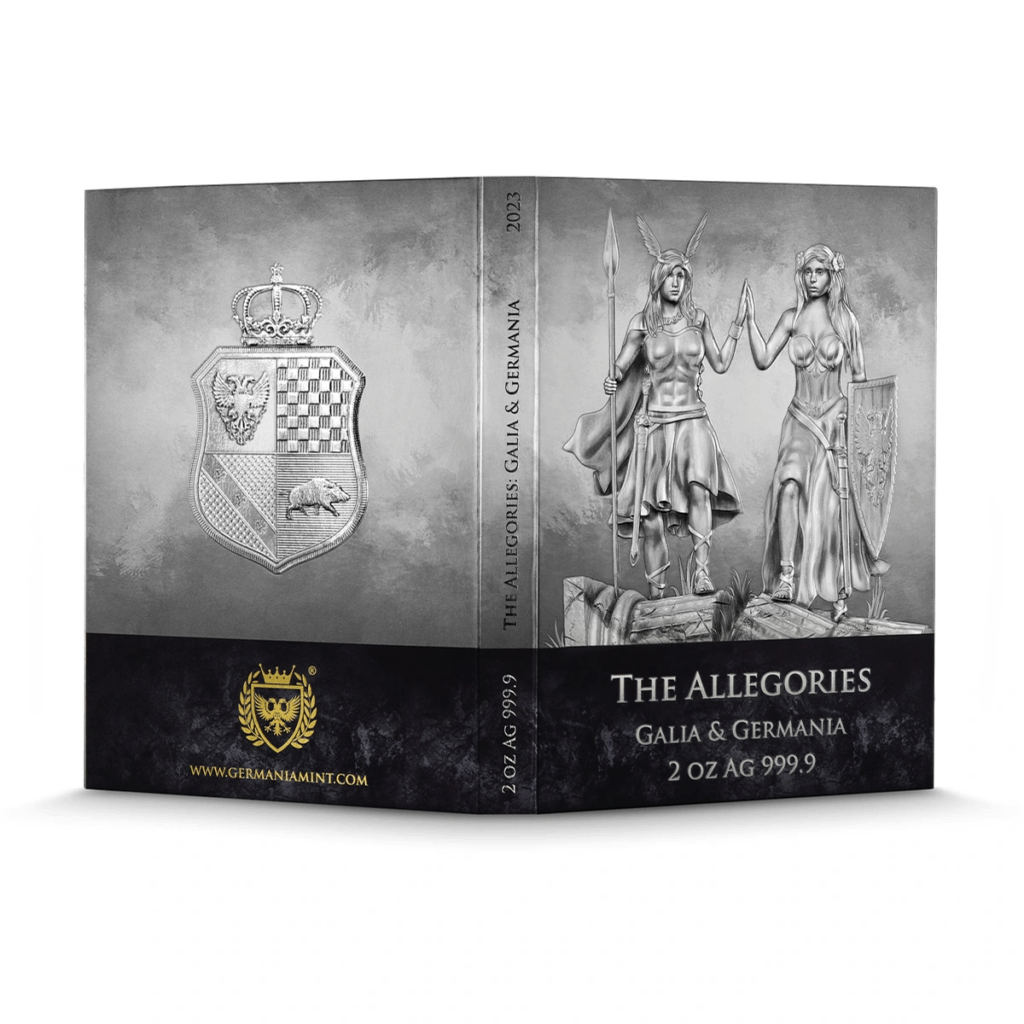 Un astuccio in argento mostra due donne corazzate che si tengono per mano con uno scudo araldico e un emblema di leone. Etichettato 2023 Allegorie: Gallia e Germania 2 oz Argento Fior di Conio, presenta germaniamint.com.