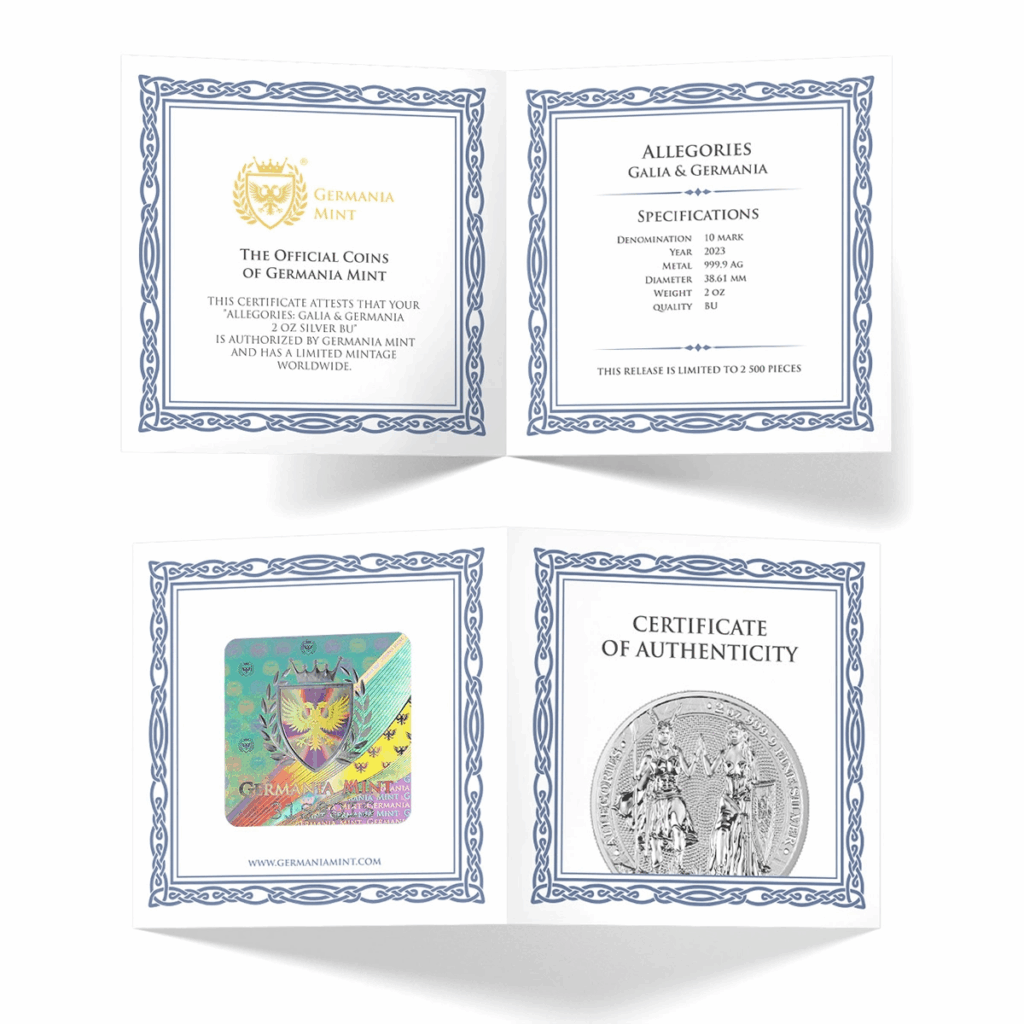 Il certificato di autenticità aperto e chiuso per la moneta 2023 Allegorie: Gallia e Germania 2 oz Argento Fior di Conio presenta i loghi ufficiali, le specifiche, la sicurezza olografica e un'immagine della moneta.