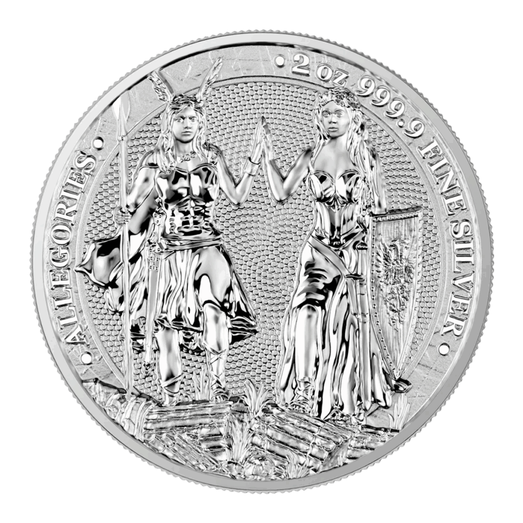 La moneta d'argento 2023 Allegorie: Gallia e Germania 2 oz Argento Fior di Conio è caratterizzata da due figure allegoriche femminili che si tengono per mano, con la scritta "ALLEGORIES" e "2 oz 999.9 FINE SILVER", oltre a motivi dettagliati e bordi decorativi.