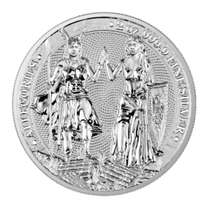 La moneta d'argento 2023 Allegorie: Gallia e Germania 2 oz Argento Fior di Conio è caratterizzata da due figure allegoriche femminili che si tengono per mano, con la scritta "ALLEGORIES" e "2 oz 999.9 FINE SILVER", oltre a motivi dettagliati e bordi decorativi.