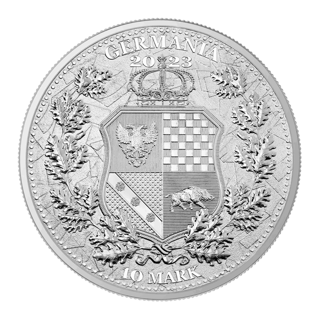 L'Allegorie 2023: Gallia e Germania 2 oz Argento Fior di Conio presenta un dettagliato scudo coronato con quattro quadranti, foglie di alloro, "GERMANIA 2023" in alto, "10 MARK" in basso e un bordo ornato con incisioni decorative.