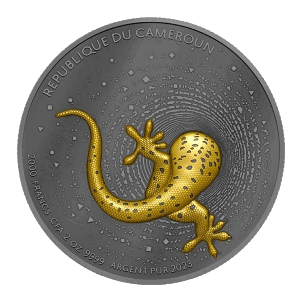 La moneta d'argento "Camerun 2023 Geco 2 oz Argento Dorato Scuro UHR" presenta al centro un geco a macchie nere color oro e sul bordo la scritta "REPUBLIQUE DU CAMEROUN", la denominazione, la purezza, il peso e l'anno 2023.