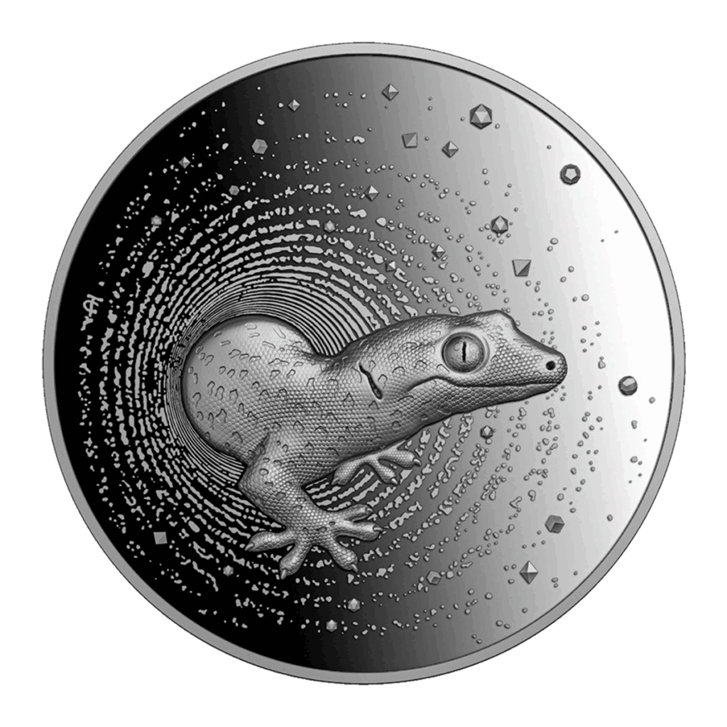 La moneta Camerun 2023 Geco 2 oz Argento Proof UHR mostra un geco dettagliato che emerge da un vortice e da una texture, sullo sfondo di forme geometriche.