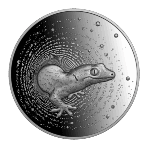 La moneta Camerun 2023 Geco 2 oz Argento Proof UHR mostra un geco dettagliato che emerge da un vortice e da una texture, sullo sfondo di forme geometriche.