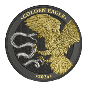 La moneta Prime Bullion - 2024 Malta Golden Eagle 5 Euro 1 oz Argento FDC mostra un'aquila dorata che attacca un serpente d'argento, la scritta "GOLDEN EAGLE" in alto, la scritta "2024" in basso e uno sfondo scuro a motivi ondulati. Edizione limitata.