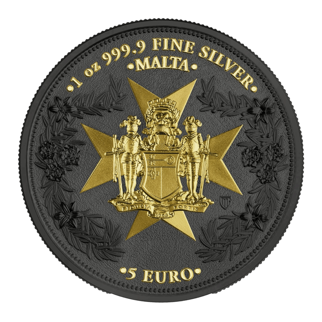 La moneta Prime Bullion - 2024 Malta Golden Eagle 5 Euro 1 oz Argento BU Edizione Limitata è un tondo nero e oro con croce maltese, stemma centrale, motivi floreali e testo: 1 oz 999.9 FINE SILVER MALTA 5 EURO.