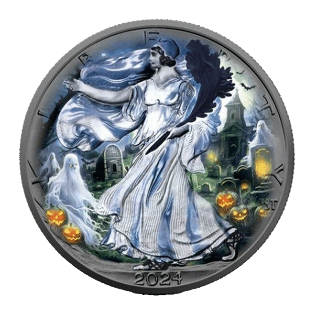 El Halloween USA American Eagle 2024 Noche Fantasma 1 oz Plata BU muestra a una mujer en un vestido blanco caminando a través de un cementerio espeluznante con calabazas brillantes, fantasmas, edificios embrujados, y el año 2024 en la parte inferior.