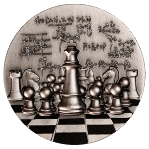 Il Camerun 2024 Scacchi Internazionali 2 oz Argento Finitura Vintage è un medaglione rotondo in metallo con scacchiera, pezzi ed equazioni matematiche con frecce, a simboleggiare il legame tra scacchi e matematica.