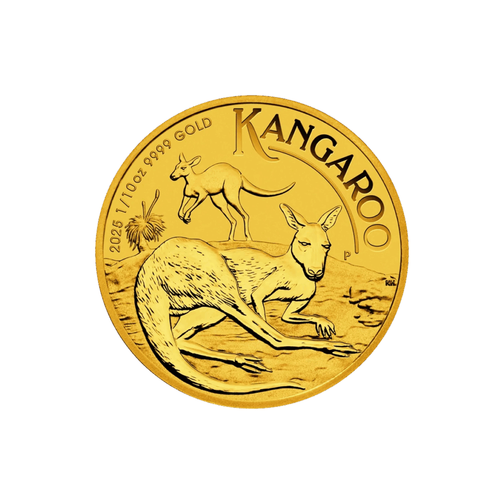 La moneta da 1/10 oz Canguro Oro 2025 presenta due canguri, uno sdraiato in primo piano e l'altro dietro, con erba e un albero, con l'iscrizione KANGAROO, 2025, e 1/10 oz 9999 GOLD.